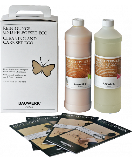 Cleaning and care set for lacquered parquet